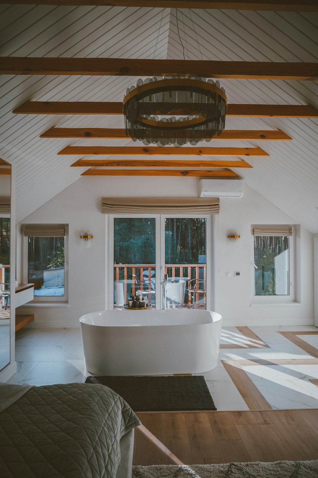 a room with a tub and a table