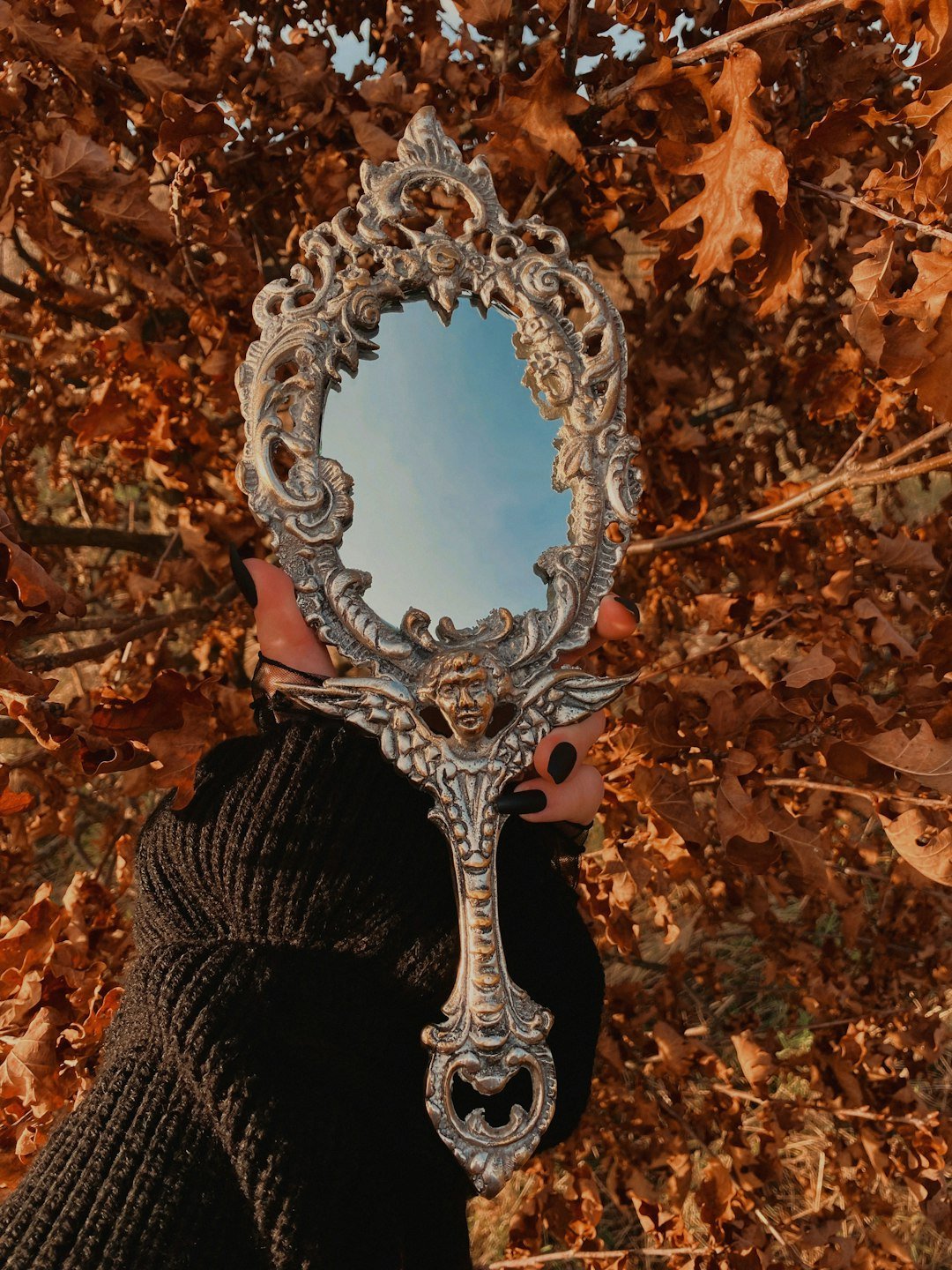 A person holding a mirror in their hand