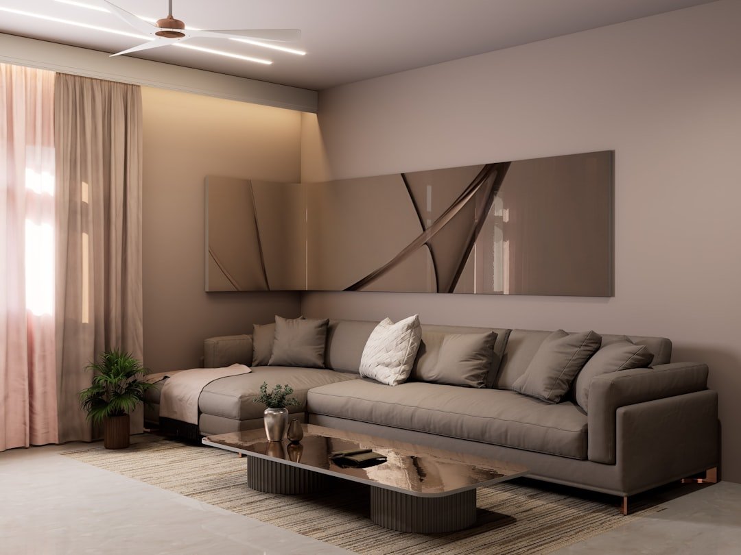 Modern living room with a chic, neutral color scheme.