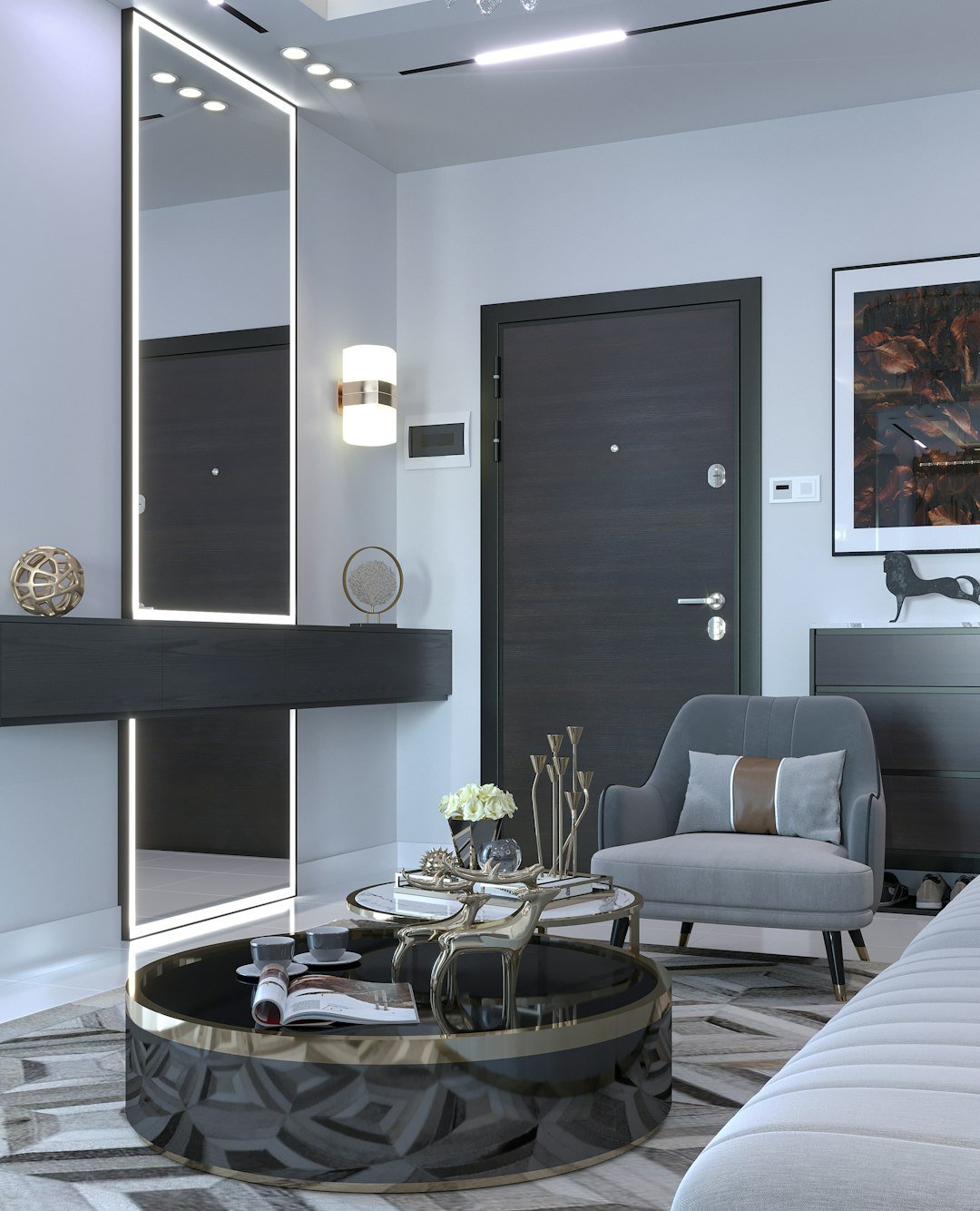 a living room with a black door