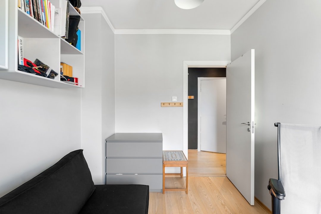 A living room with a black couch and white walls