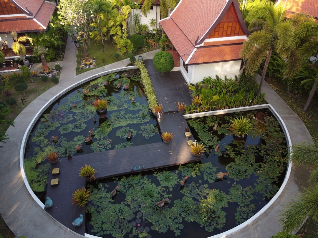 an aerial view of a house with a pond in front of it